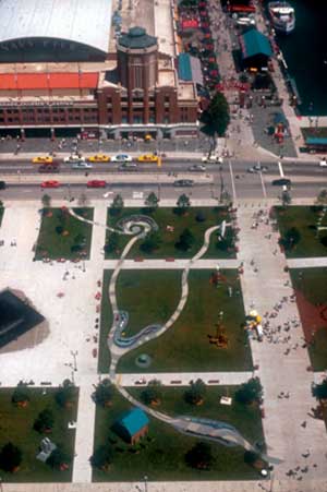 Water Marks , 1998 glass tile mosaic and handmade ceramic on cast concrete forms with terrazzo path, by Jon Pounds, Olivia Gude, Kiela Smith, Cynthia Weiss, and Mirtes Zwierzynski