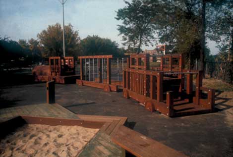 Pullman Playground,  1985, redwood and galvanized steel construction, by Jon Pounds and Olivia Gude